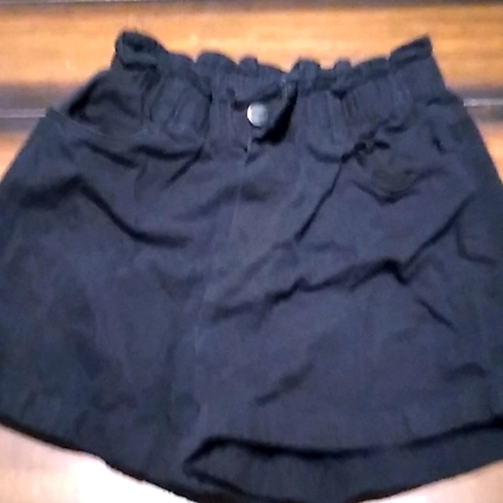 Black Paperbag Waist Shorts with deep pockets and no zip fly just button